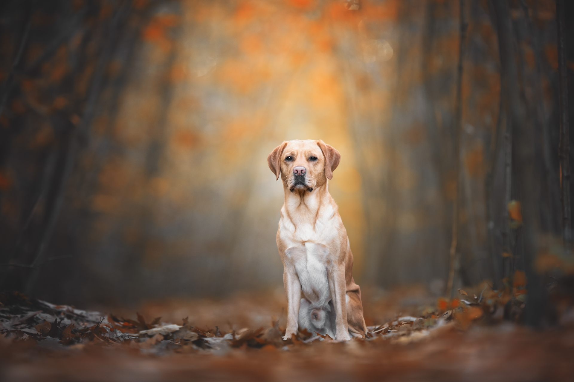 Labrador zit rustig op een bospad tussen herfstbladeren